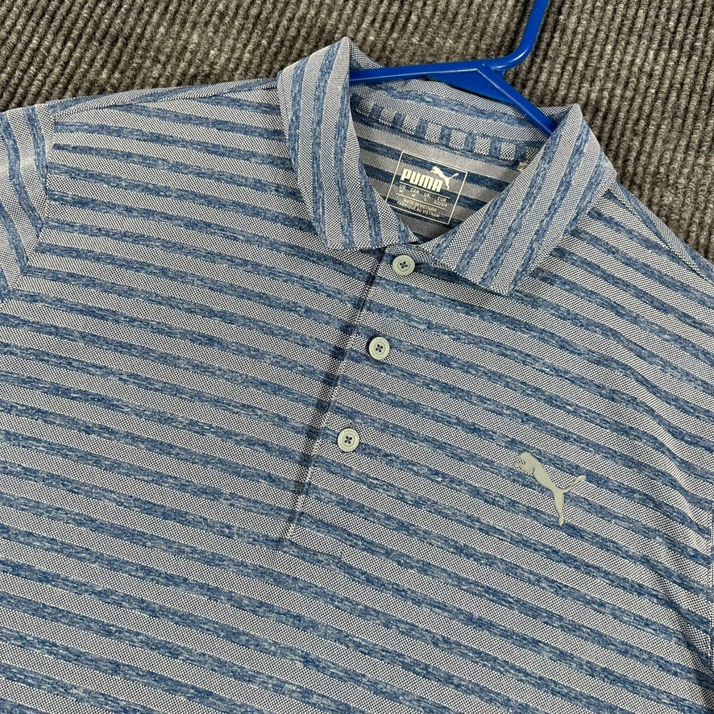 Puma Polo Shirt Mens Medium Blue Striped Short Sleeve Golf Performance Casual